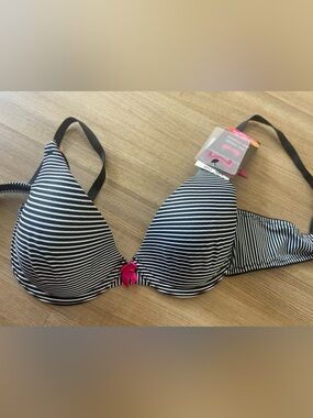 NWT Maidenform Black & White Striped Bikini Top with Pink Bow size 34B